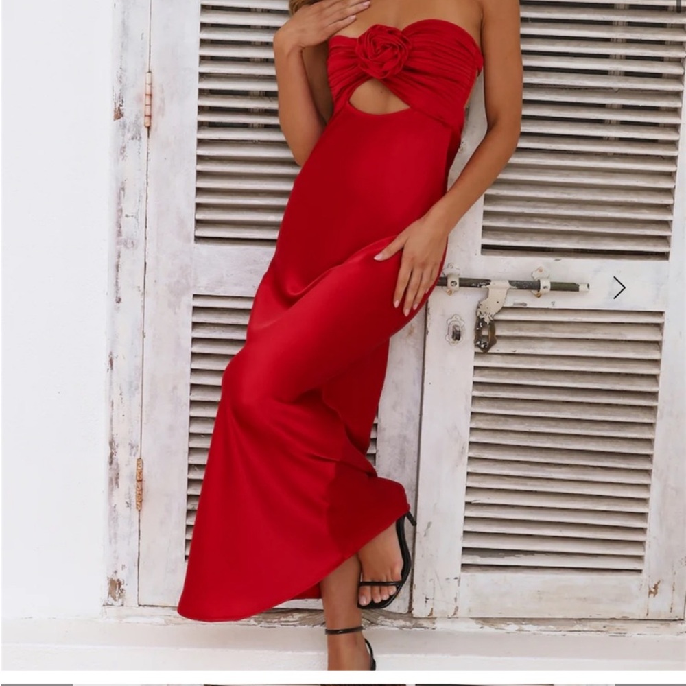 Hello Molly Red Strapless Midi Dress with Front Rose Detail
